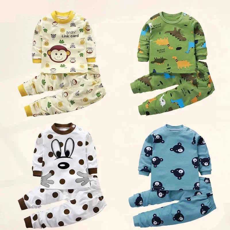 Cotton kids clothes sets with cartoon patterns for boys and girls aged 4-6 years, including long sleeve tops and pants for all seasons.