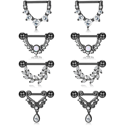4 pairs of 14G women's nipple rings 316L stainless steel heart-shaped teardrop Moon Star opal leaf CZ barbell nipple rings Good Vibrations