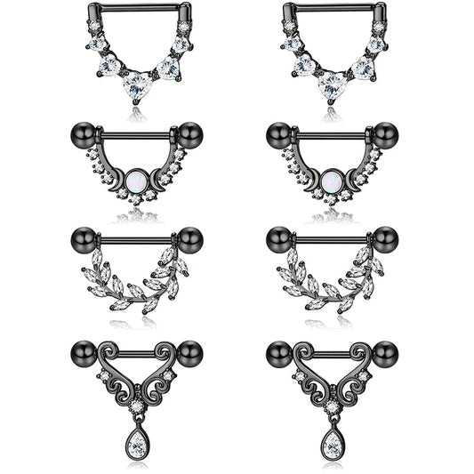 4 pairs of 14G women's nipple rings 316L stainless steel heart-shaped teardrop Moon Star opal leaf CZ barbell nipple rings Good Vibrations