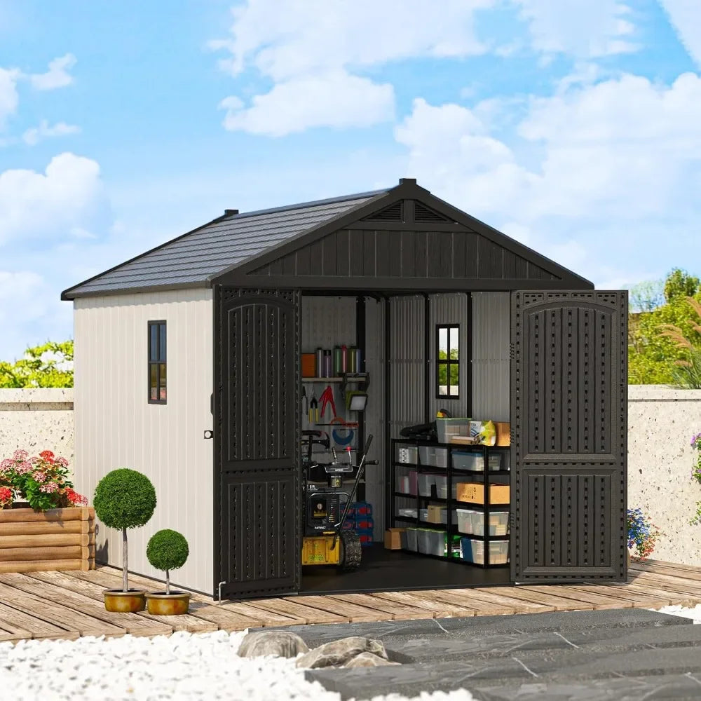 Customizable 8 X 10 FT Resin Outdoor Storage Shed With Floor, Plastic Shed With Window And Lockable Door For Garden, Backyard, T Good Vibrations