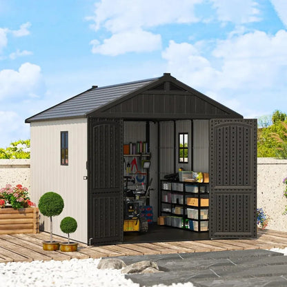 Customizable 8 X 10 FT Resin Outdoor Storage Shed With Floor, Plastic Shed With Window And Lockable Door For Garden, Backyard, T Good Vibrations