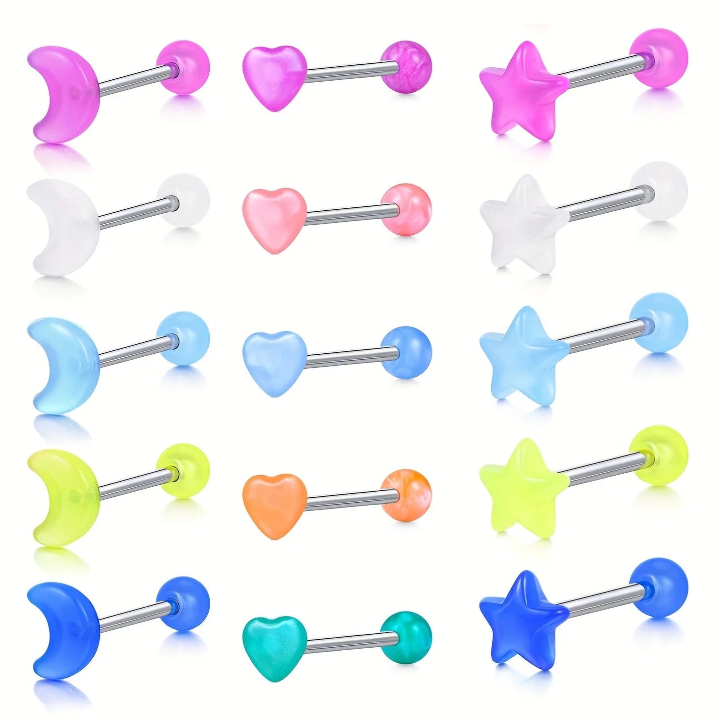 15PCS 16mm Stainless Steel Glow In The Dark Acrylic Tongue Rings, Straight Barbells Heart Moon Shape Tongue Piercing Jewelry Good Vibrations