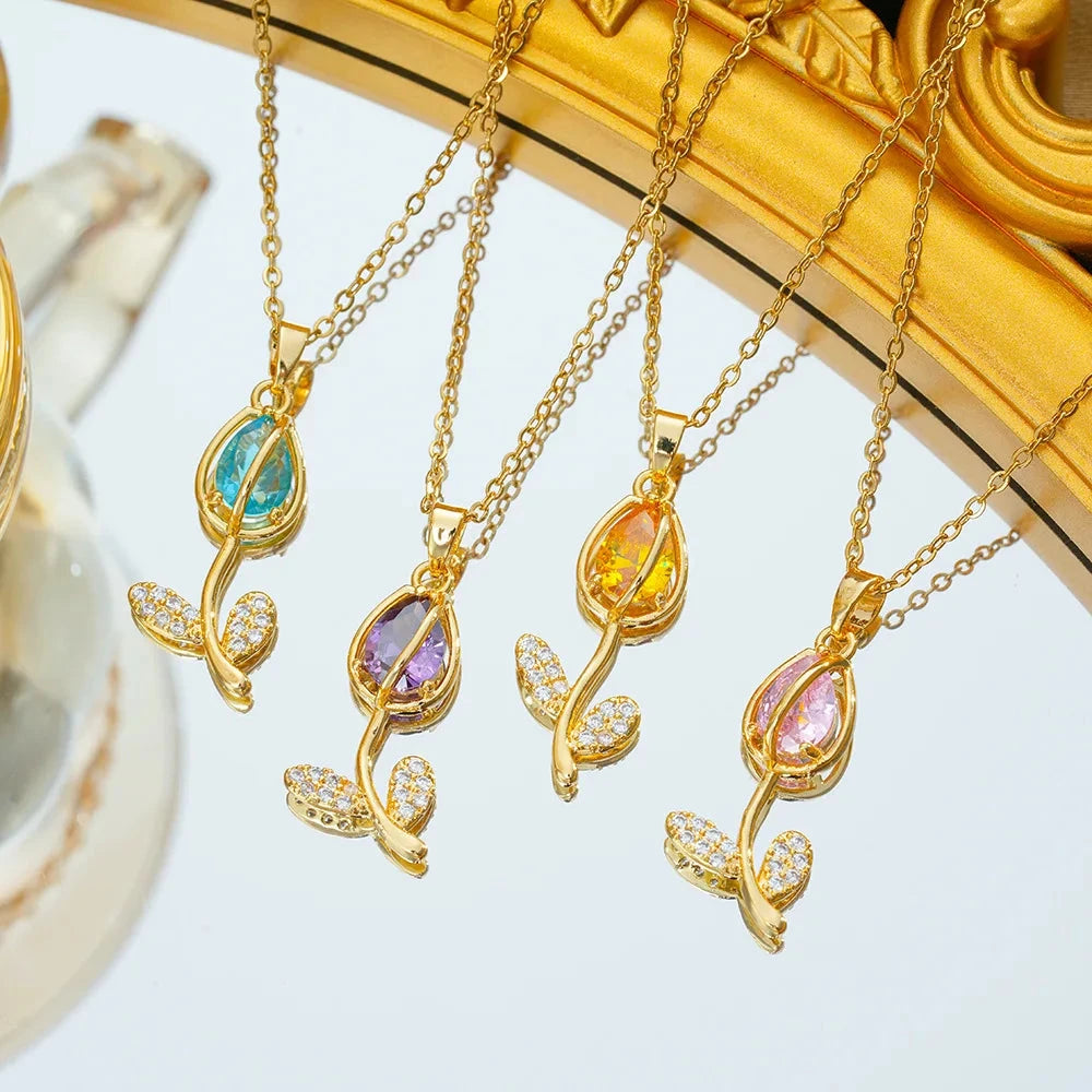 Colorful Zircon Tulip Pendant Necklaces for Women Girls Stainless Steel Chain Trendy Romantic Jewelry Accessories Gifts Good Vibrations