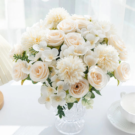 1PC Artificial Flowers Silk Rose Peony Bouquet Hydrangea Carnation Vases for Home Party Winter Wedding Decoration Fake Plant Good Vibrations
