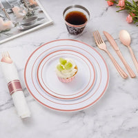 NEW 350 Piece Rose Gold Plastic Dinnerware Set for Party, Include: 50 Dinner Plates, 50 Dessert Plates, 50 Pre Rolled Napkins Good Vibrations