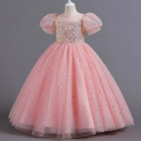 8903 Children's Dress Girls' Princess Sequin Bubble Sleeve Long Mesh Flower Little Girl Wedding For Summer Good Vibrations