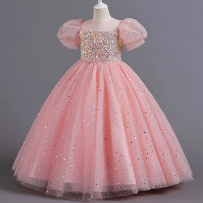 8903 Children's Dress Girls' Princess Sequin Bubble Sleeve Long Mesh Flower Little Girl Wedding For Summer Good Vibrations