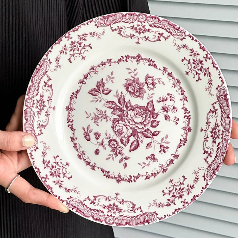 Dinner Set Retro Nordic Flower Pattern Disc Ceramic Elegant Dinner Plate Exquisite Round Shallow Plate Kitchen Good Vibrations