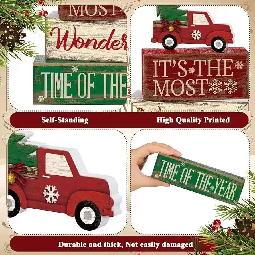 Christmas Tiered Tray Decor Wooden Table Centerpiece Merry Christmas Xmas/Gingerbread/Truck/Pink&Red Hohoho Chirstmas Family Gat Good Vibrations