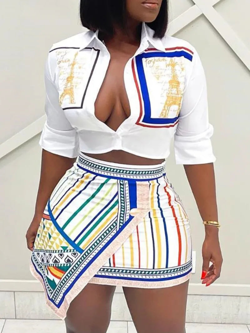 Two Piece Set Women Outfit Summer Fashion Graphic Print Buttoned Turn-Down Collar Shirt & Striped Asymmetrical Skirt Set O9ZA Good Vibrations
