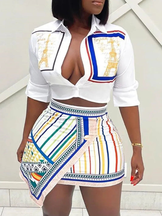 Two Piece Set Women Outfit Summer Fashion Graphic Print Buttoned Turn-Down Collar Shirt & Striped Asymmetrical Skirt Set O9ZA Good Vibrations