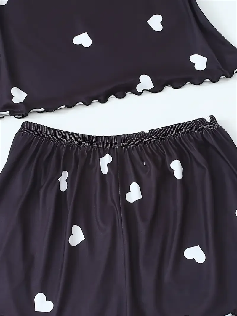 5 Size Choose S M L XL 2XLWomen's Two-Piece Suspender Heart Printed Top and Shorts Women's Casual Printed Pajama Set Good Vibrations