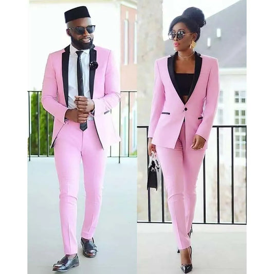Elegant couple pink suits slim fit formal jacket and pants sets with black lapel and accessories.