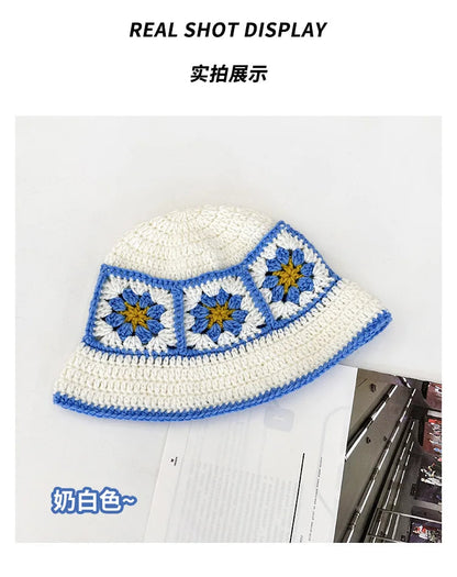 2024 Spring New Crochet Hat Korean Handmade Bucket Hat Women's Weaving Knitted Hat Y2k Fashion Flowers Autumn Winter Ins Beanies Good Vibrations