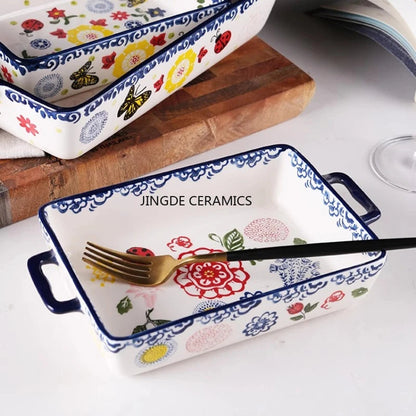 Rectangular/elliptical Double Ear Plate Cheese Baked Rice Tray Ceramic Baking Tray Oven Household Large Square Plate Tableware Good Vibrations