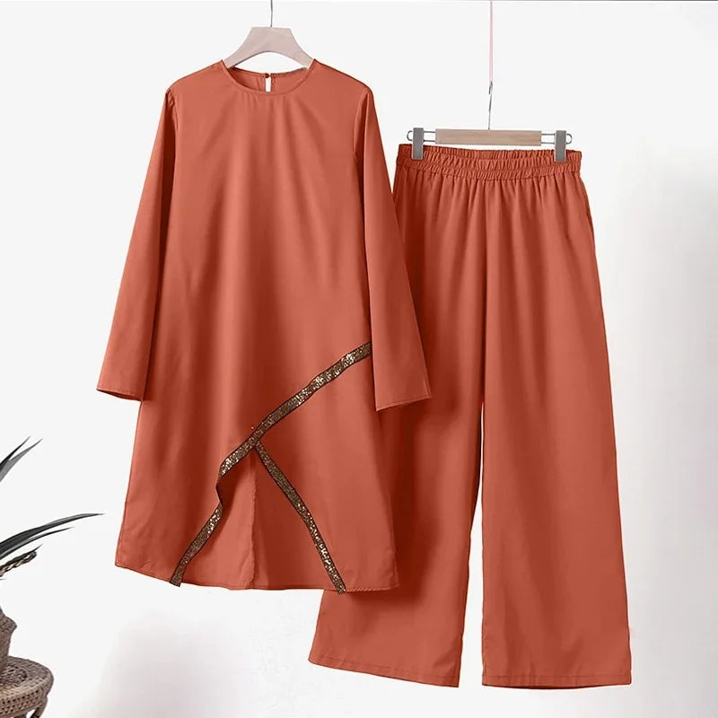 Women Eid Musulman Ensemble Muslim Sets Solid Blouses Wide Leg Pants Ramadan Morocco Two Pieces Dubai Kaftan Loose Modest Good Vibrations