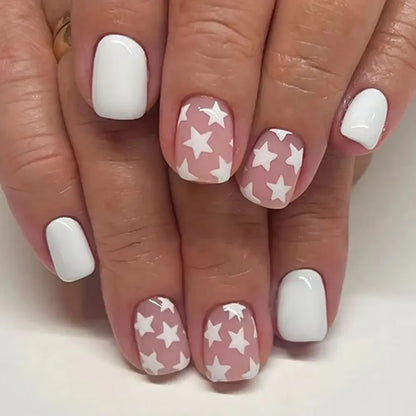 Pink Stars Nude Color Chic Delicate Wearable Nail Art Y2K Fashion Short False Nails Detachable Finished Fake Nails Press on Nail Good Vibrations