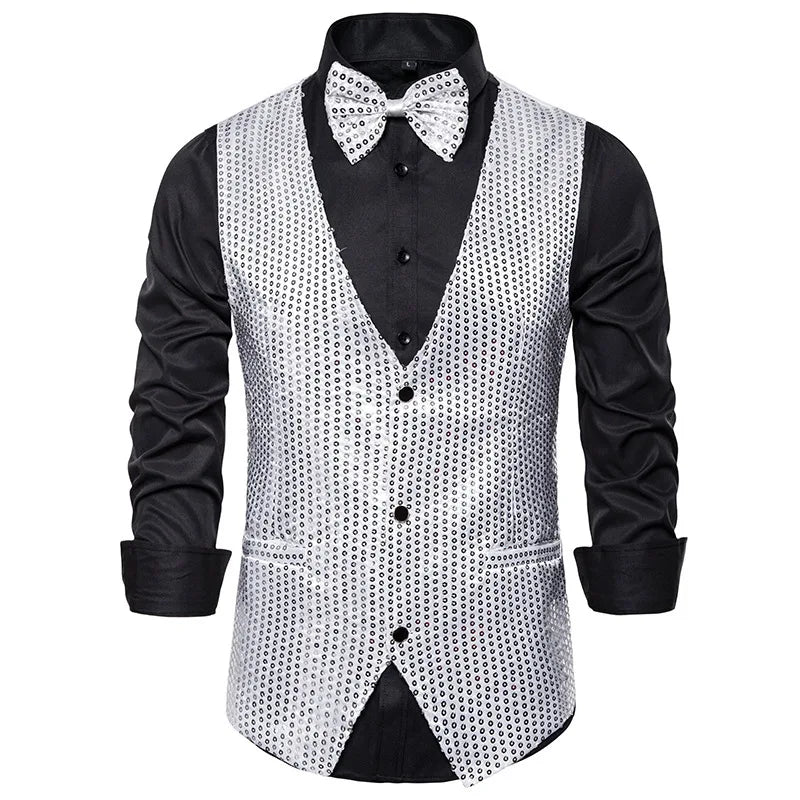 Gold Men's Sequin Vest Jacket, Single-breasted V-neck Sleeveless Vests Coat, Wedding Party Waistcoat Silver Blue Purple Red Tops