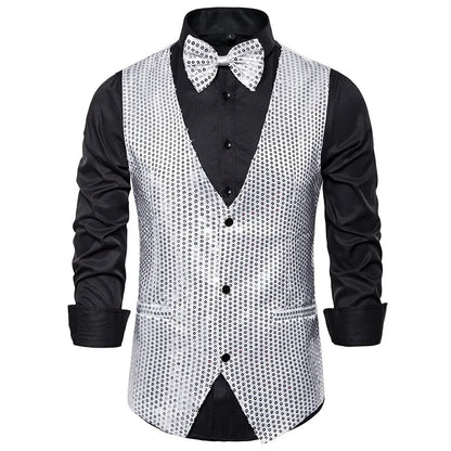 Gold Men's Sequin Vest Jacket, Single-breasted V-neck Sleeveless Vests Coat, Wedding Party Waistcoat Silver Blue Purple Red Tops