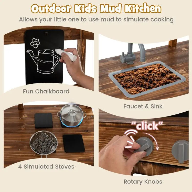 Solid Wood Outdoor Kid's Playhouse with Canopy Mud Kitchen for Outdoor Play Good Vibrations