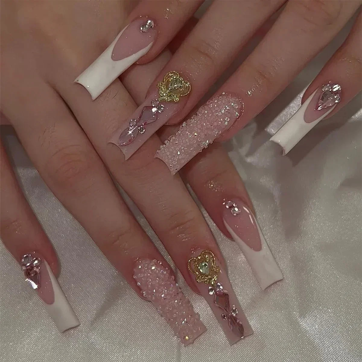 24Pcs Brown Long Coffin False Nails Glitter Ballet Wearable with French Design Fake nails Full Press on Nail Ins Nail Tips Art Good Vibrations