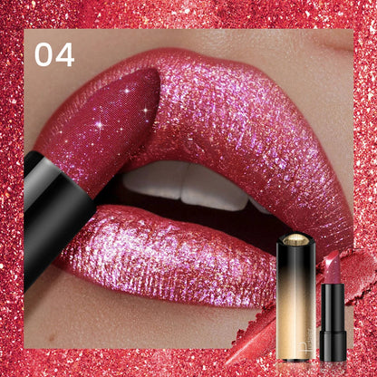 Glitter Lipstick, a pressable pearlescent lipstick, is very shiny like crushed diamond particles, smooth and long-lasting, has a Good Vibrations