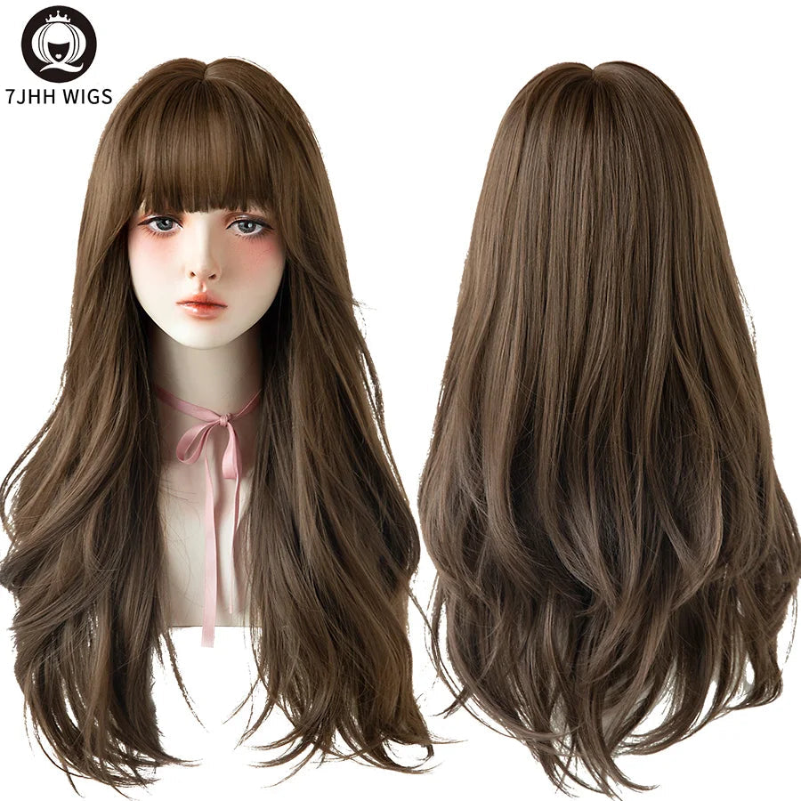 7JHHWIGS Long Wavy Synthetic Black Wigs For Women With Fringe Fashion Heat Resistant Mid-Length Daily Straight Light Brown Hair Good Vibrations