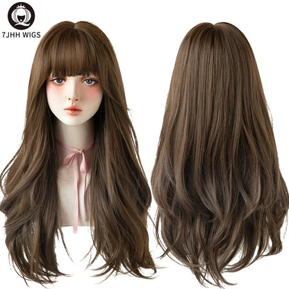 7JHHWIGS Long Wavy Synthetic Black Wigs For Women With Fringe Fashion Heat Resistant Mid-Length Daily Straight Light Brown Hair Good Vibrations