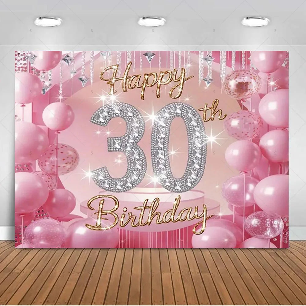 30th Birthday Party Decor Background Pink Black Gold Glitter Woman Man 30 Years Old Photography Backdrop Supplies Adult Gifts Good Vibrations