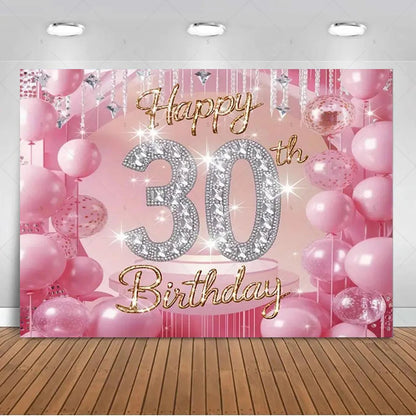 30th Birthday Party Decor Background Pink Black Gold Glitter Woman Man 30 Years Old Photography Backdrop Supplies Adult Gifts Good Vibrations