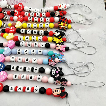 Personalized English Letters Baby Silicone Cartoon Disne Pacifier Clips Chains Holder Teether Pendants Teething Kawaii Baby Gift Good Vibrations
