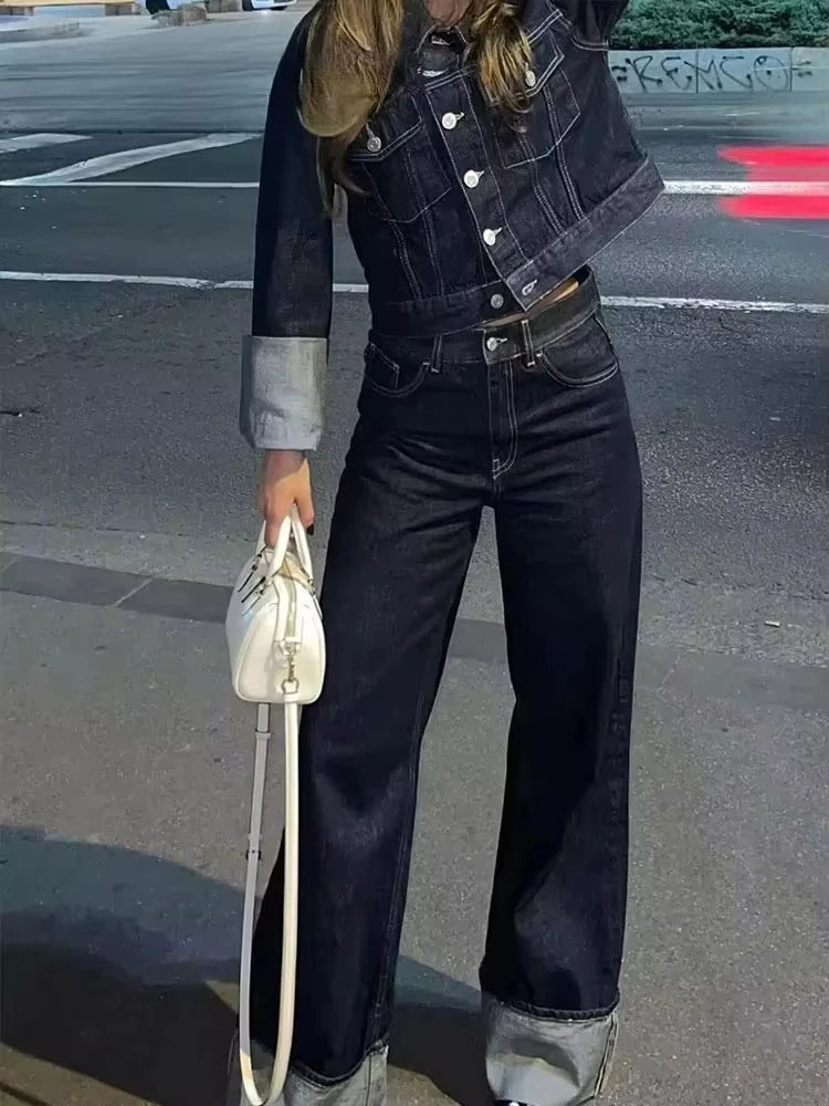 HH Women Fashion Denim Set Casual Lapel Long Sleeve Crop Jacket Buttons Female Vintage Wide Leg Loose Jeans Long Pants Good Vibrations