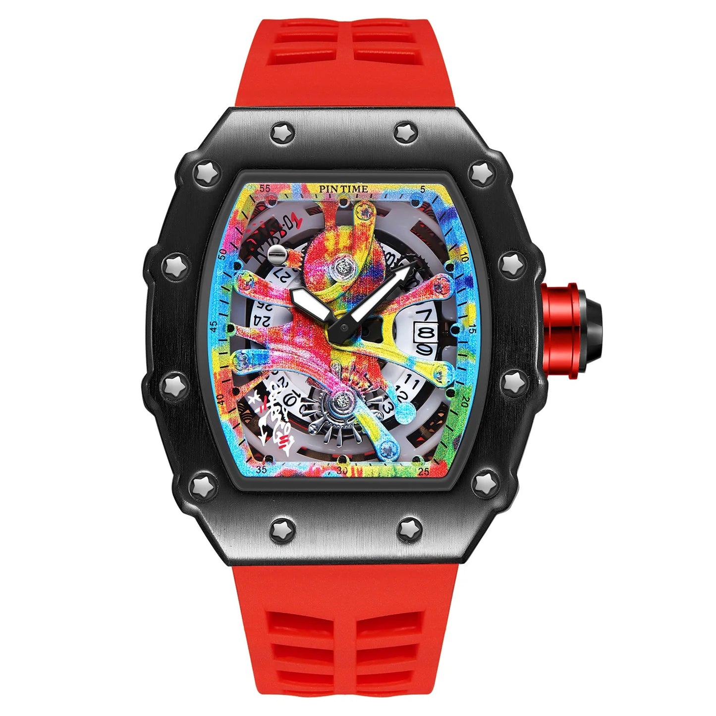 Fashion Mechanical Man Watches Classic Colorful RM Desgin Automatic Visable Wristwatch Causal Men Watch Rubber Strap Belt Good Vibrations
