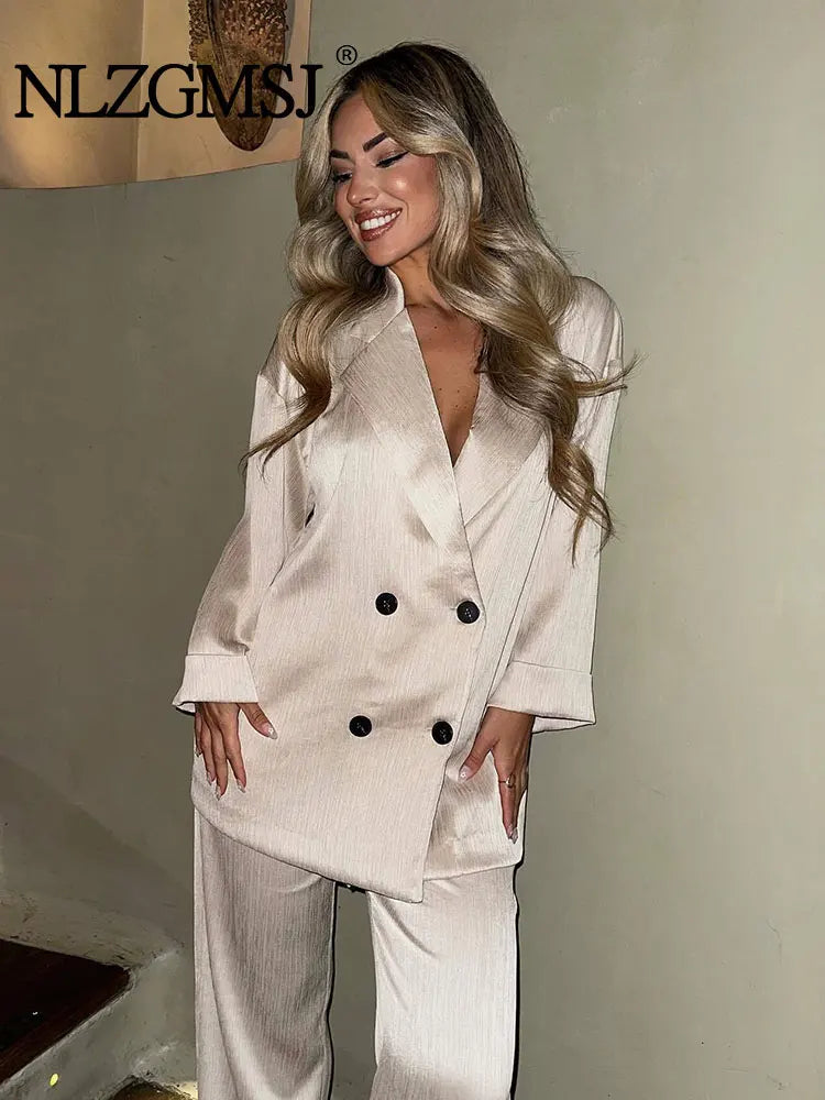 2024 Autumn Women Casual Blazer Coat Pants Set Long Sleeve Double Breasted Blazer + Wide Leg Trousers Lady Office Outfit Good Vibrations