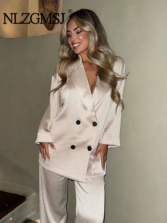 2024 Autumn Women Casual Blazer Coat Pants Set Long Sleeve Double Breasted Blazer + Wide Leg Trousers Lady Office Outfit Good Vibrations
