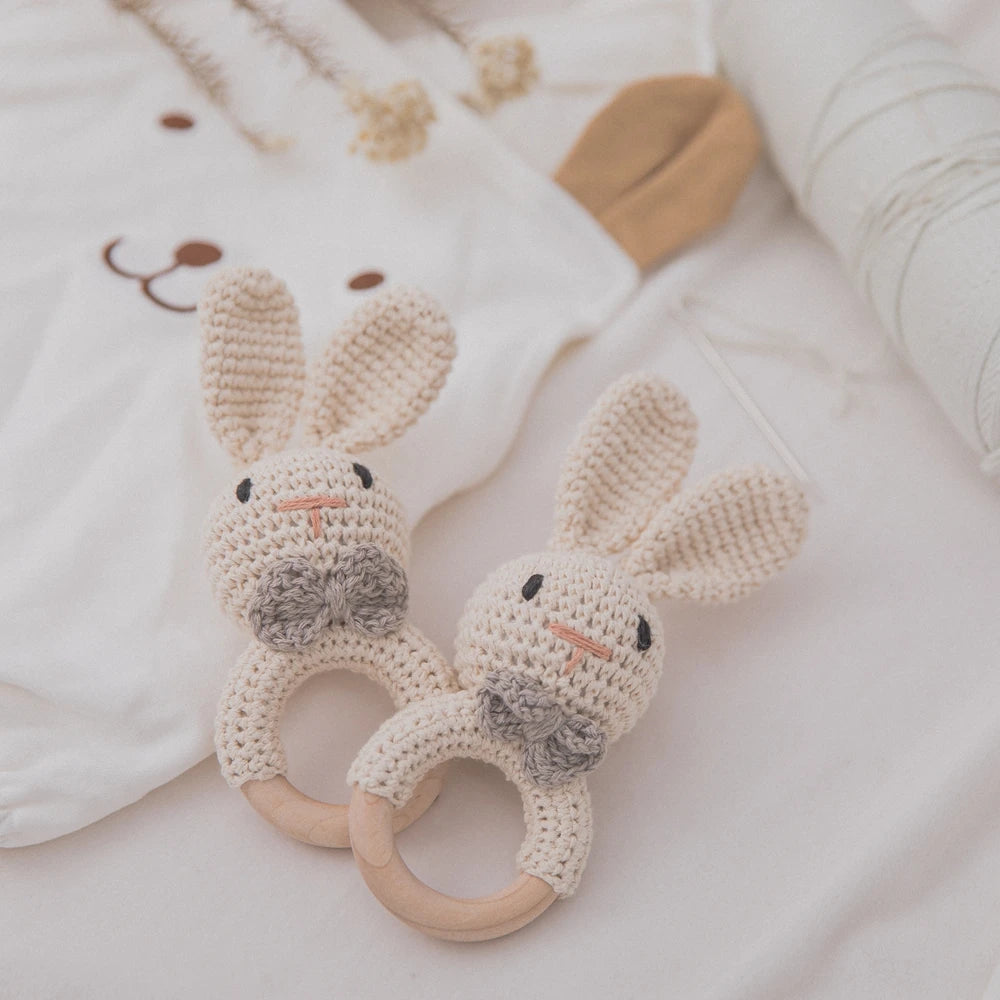 Baby Crochet Rattle Wooden Teether Toy BPA Free Wood Rodent Rabbit Rattle Baby Mobile Play Gym Newborn Educational Music Toys Good Vibrations