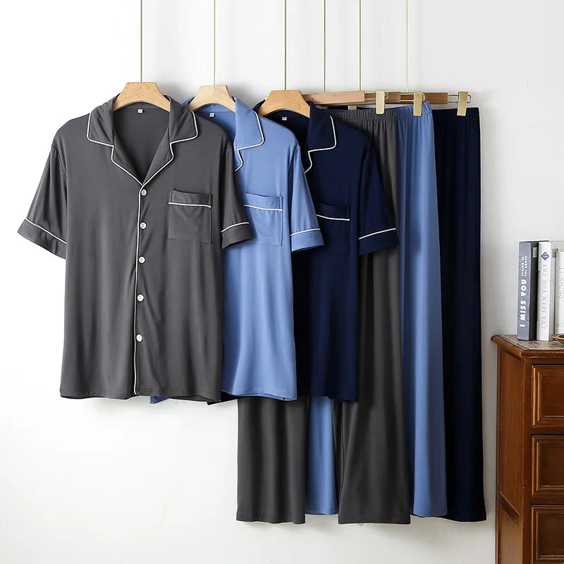 Simple Solid Color Bamboo Men's Pajamas Spring and Summer Short-sleeved Trousers Loose and Wearable Loungewear Suit Good Vibrations