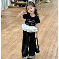 Girls Bow Clothing Sets Children's Fashion Tops Suit Baby Knotbow Short-Sleeve Tops+Pants 2Pcs New Summer Sweet Kids Clothes Good Vibrations