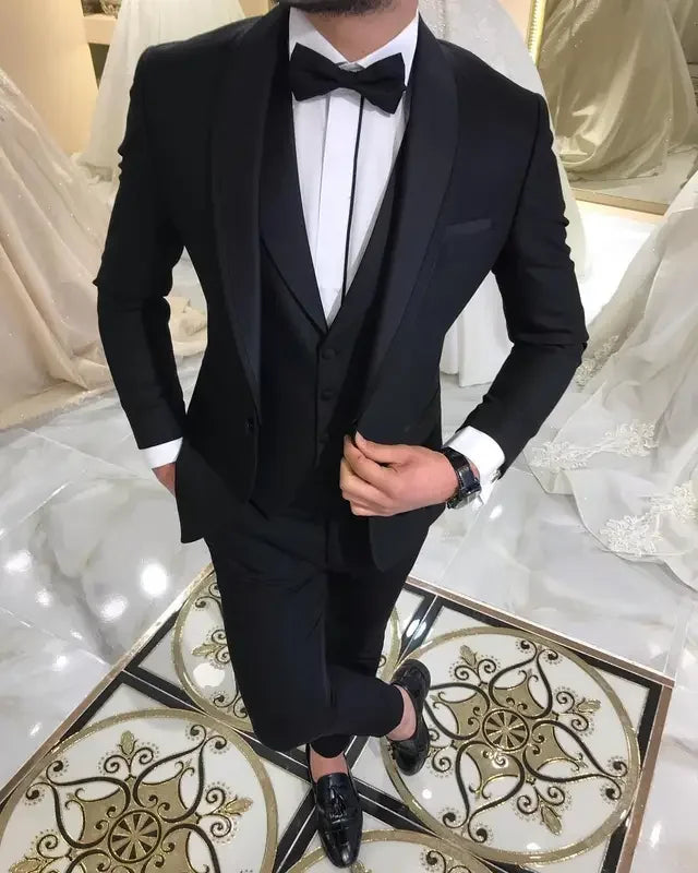 3 Piece Blue Slit Mens Suits Black Shawl Lapel Casual Tuxedos for Wedding Groomsmen Suits Men (blazer+vest+pants) Good Vibrations