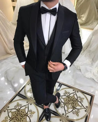 3 Piece Blue Mens Suits Black Shawl Lapel Casual Tuxedos for Wedding Groomsmen Suits Men (blazer+vest+pants) Good Vibrations