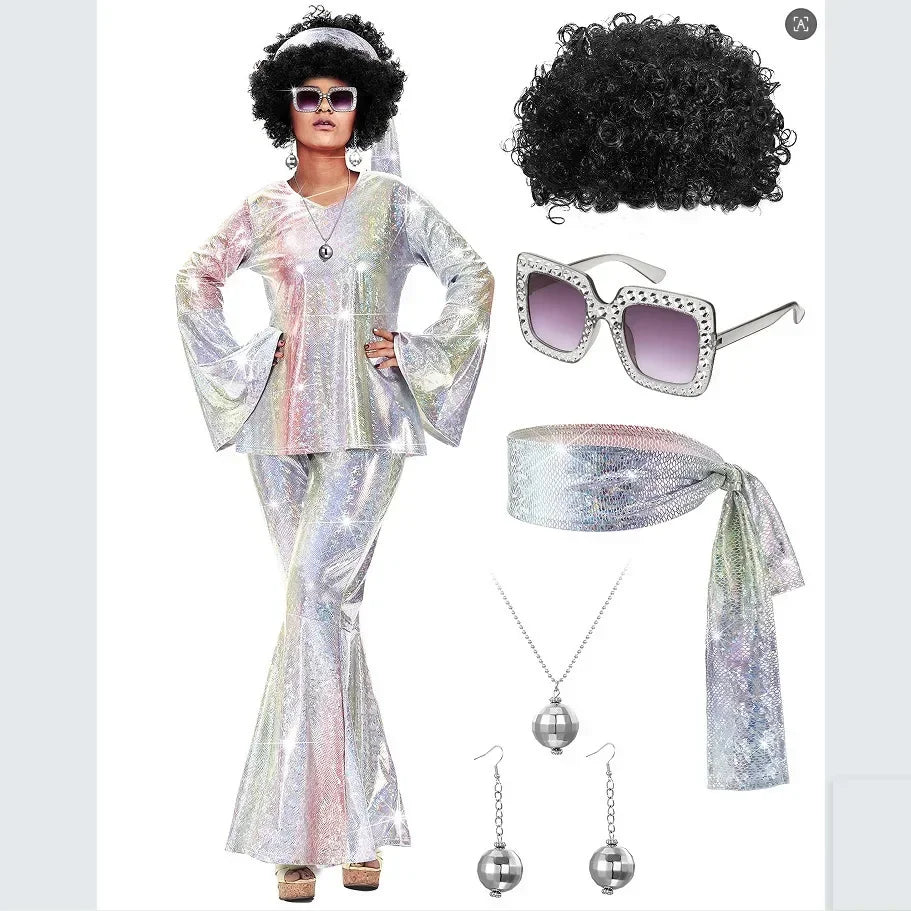 70s Women Disco Outfit Costume Disco Party Top Pants Sunglasses Ball Necklace Earring Wig for Halloween Easter Party Dress Up Good Vibrations
