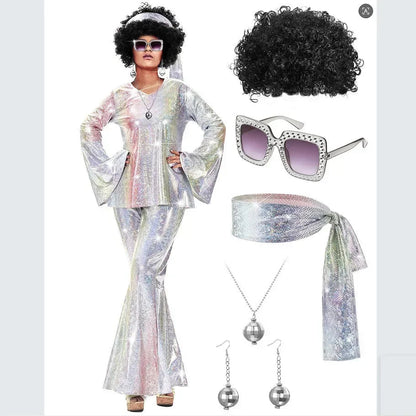 70s Women Disco Outfit Costume Disco Party Top Pants Sunglasses Ball Necklace Earring Wig for Halloween Easter Party Dress Up Good Vibrations