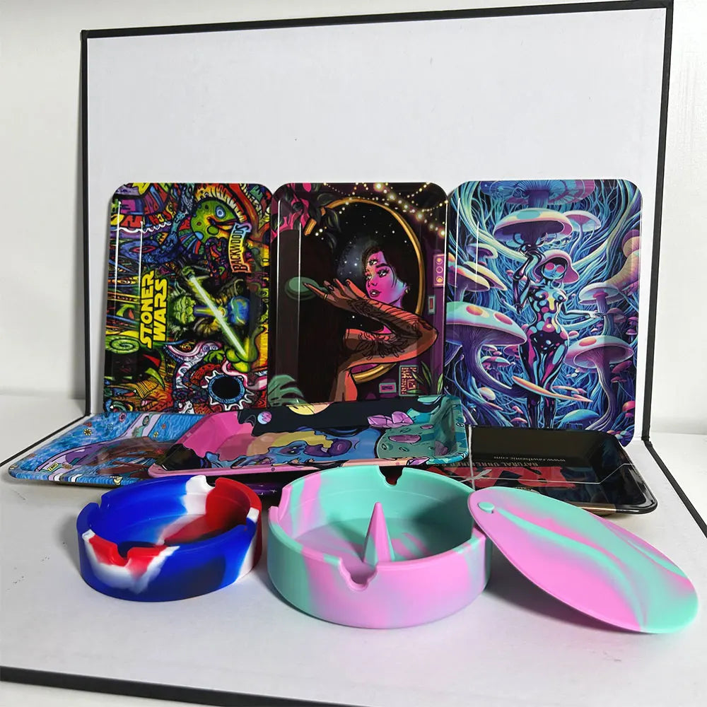 18cmx12.5cm Herb Tobacco Rolling Tray Set Silicone Ashtray Ash Tray 40mm Metal Herbal Grinder Kit Smoking Accessories Good Vibrations Adult Super Store