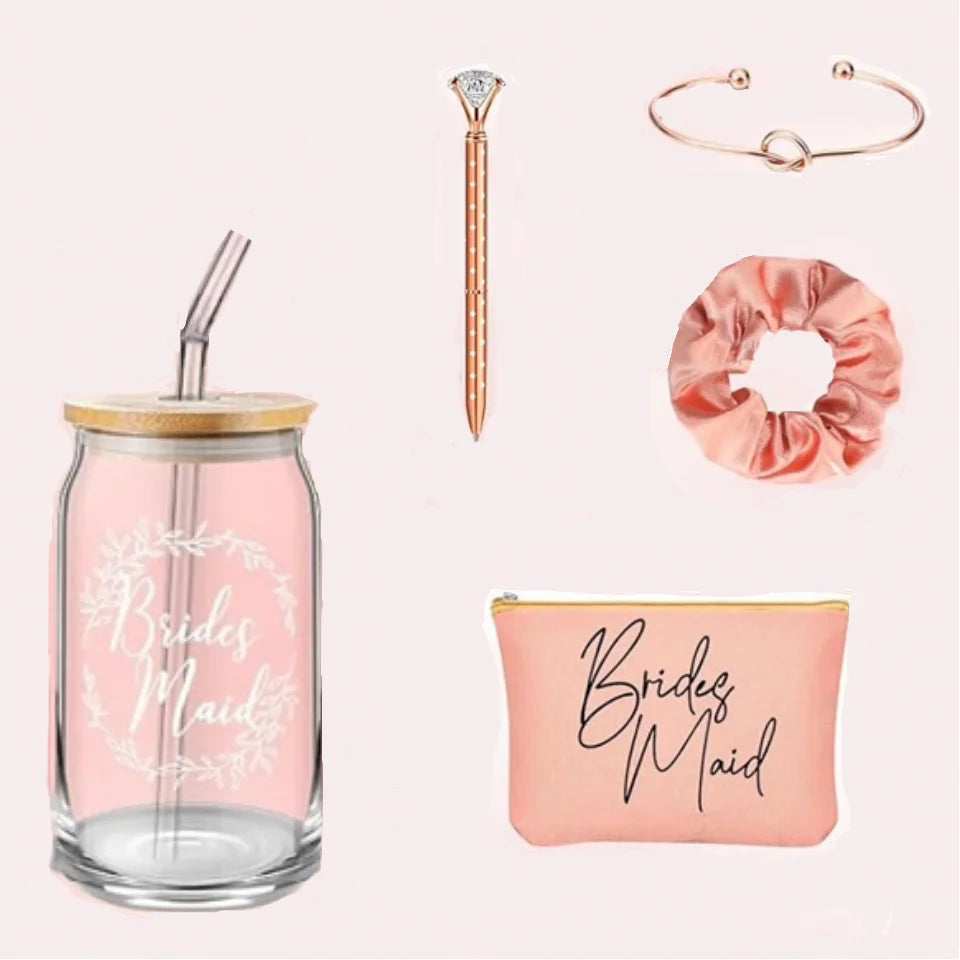 Bridesmaid Proposal Wedding Gifts Set Maid of Honor Gifts Bridal Shower 16oz Glass Cups Cosmetic Makeup Bags Good Vibrations