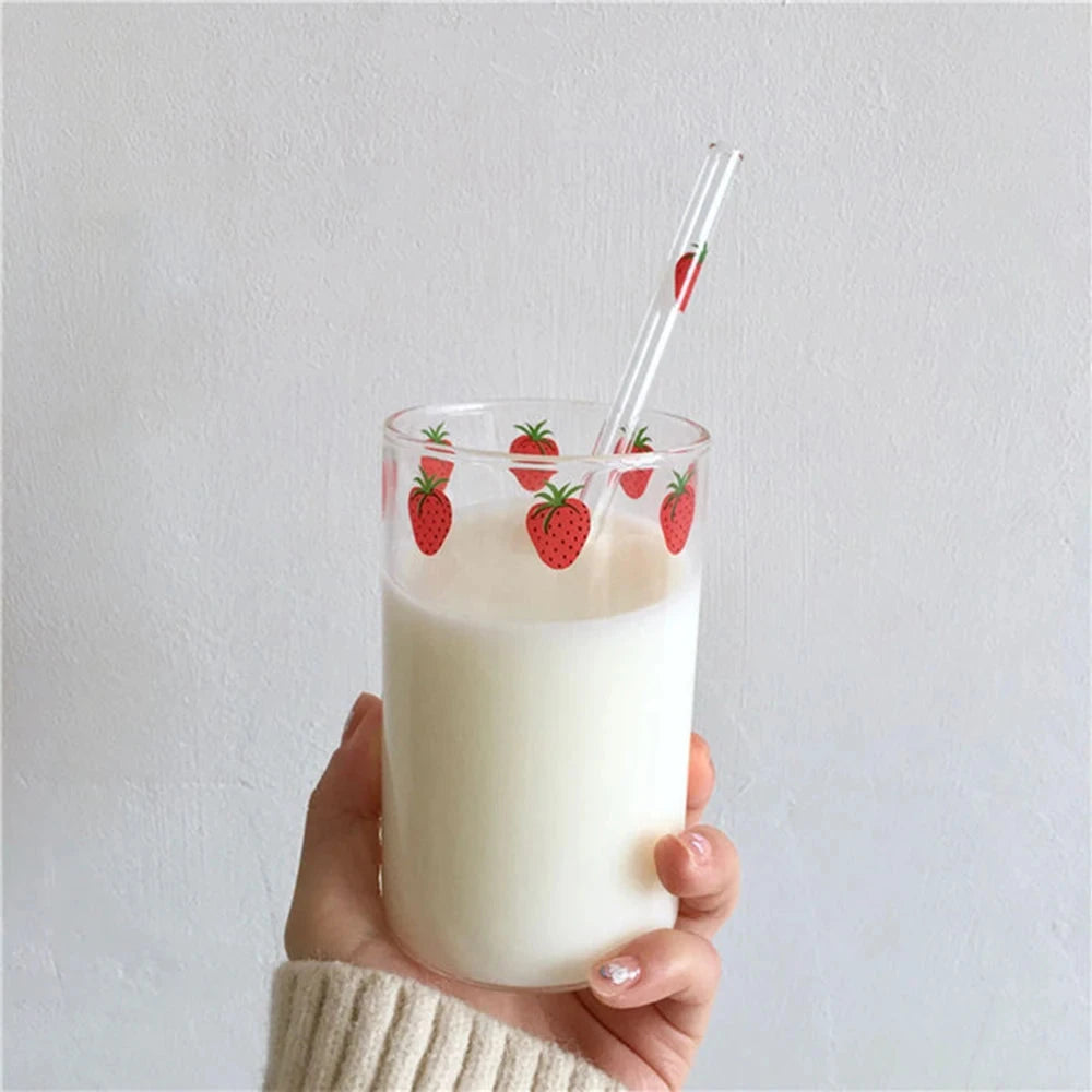 300ml Strawberry Cute Glass Cup With Straw Creative Transparent Water Cup Student Milk Heat Resistant Glass Nana Good Vibrations