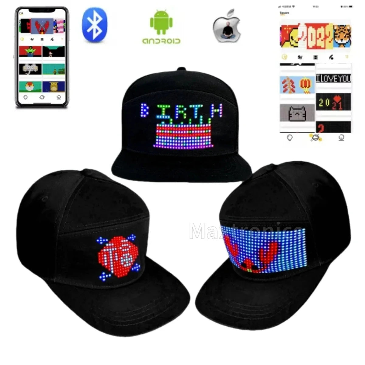 LED Glowing Hat LED Matrix Scrolling Text Display Message Pattern Programmable APP Control 5V for Disco Party Cool Baseball Cap Good Vibrations