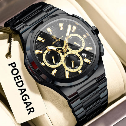 POEDAGAR Business Man Wristwatch Date Chronograph Waterproof Luminous Luxury Men Watch Stainless Steel Quartz Men's Watches Male Good Vibrations