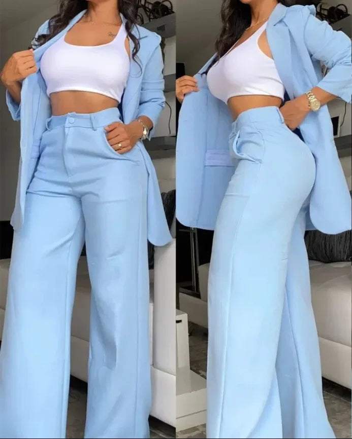 Women Pant Sets Two Piece Set Pants Turn Down Collar Single Breasted Tracksuit Outerwear Ankle Length Straight Pockets Loose Good Vibrations