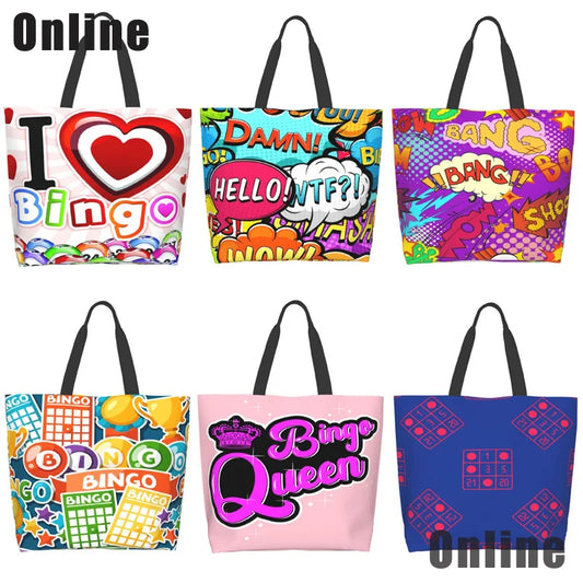 I Love Bingo Game Funny Handbags Shoulder Bags Casual Shopping Girls Tote Bag for Women Folding Reusable Shopping Bags Good Vibrations