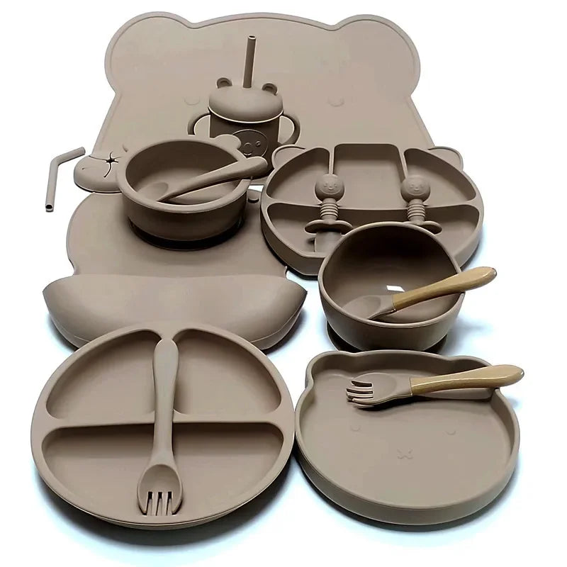 16pcs Dinner Plate Set Silicone Children's Tableware Set Baby Complementary Suction Cup Bowl Spoon Mother and Baby Good Vibrations